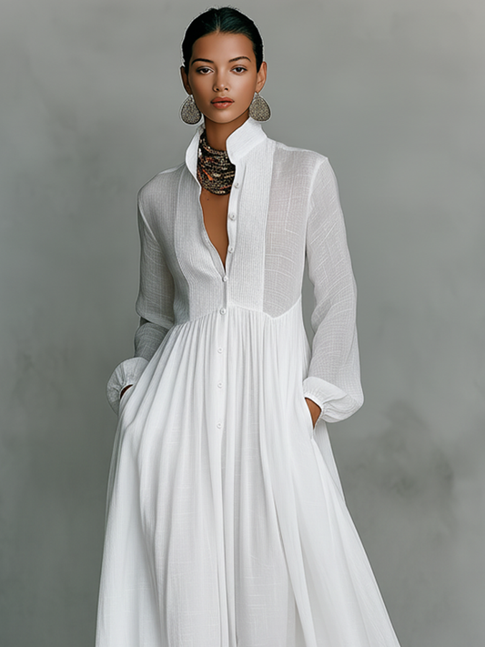 Maxi Minimalist Dress in Cotton & Linen with Patchwork, High Collar and Long Sleeves