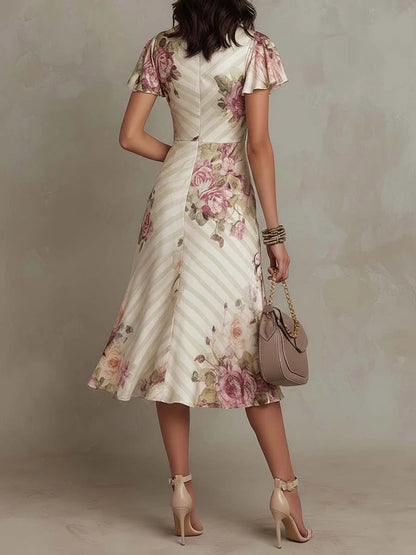 Alba | Elegant Retro Floral Satin Midi Dress ✨