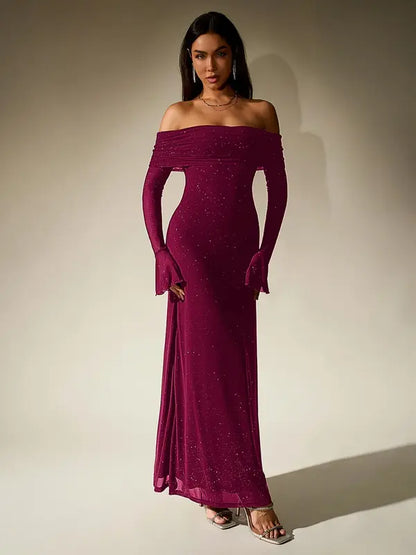 ANDREA™ - Women's Off-The-Shoulder Ruched Contrast Sequin Bodycon Dress