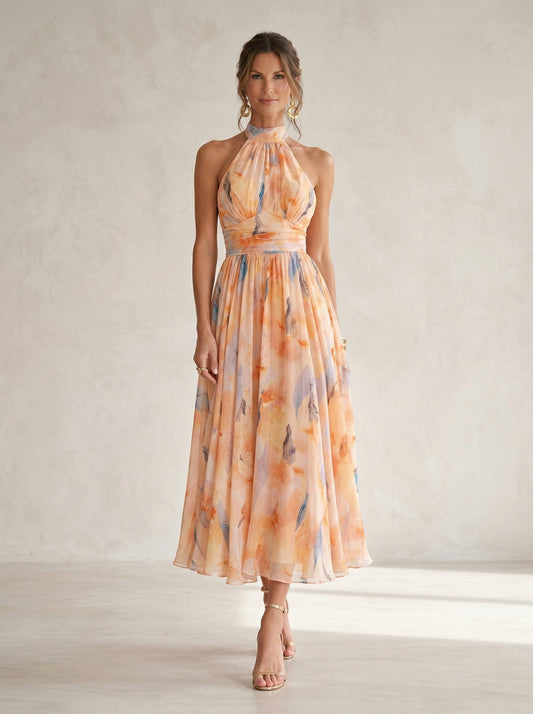 Esther™ | Watercolour Print Halter Neck Dress