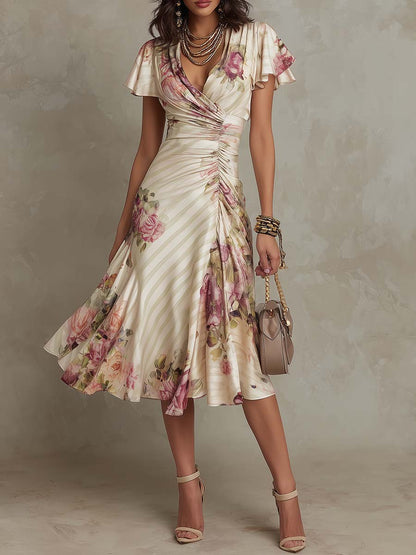 Alba | Elegant Retro Floral Satin Midi Dress ✨