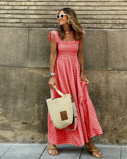 NANCY™ - Chic Retro Plaid Smocked Dress