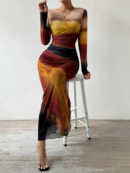JULIA™ - Comfy Printed Long Sleeve Round Neck Bodycon Maxi Dress