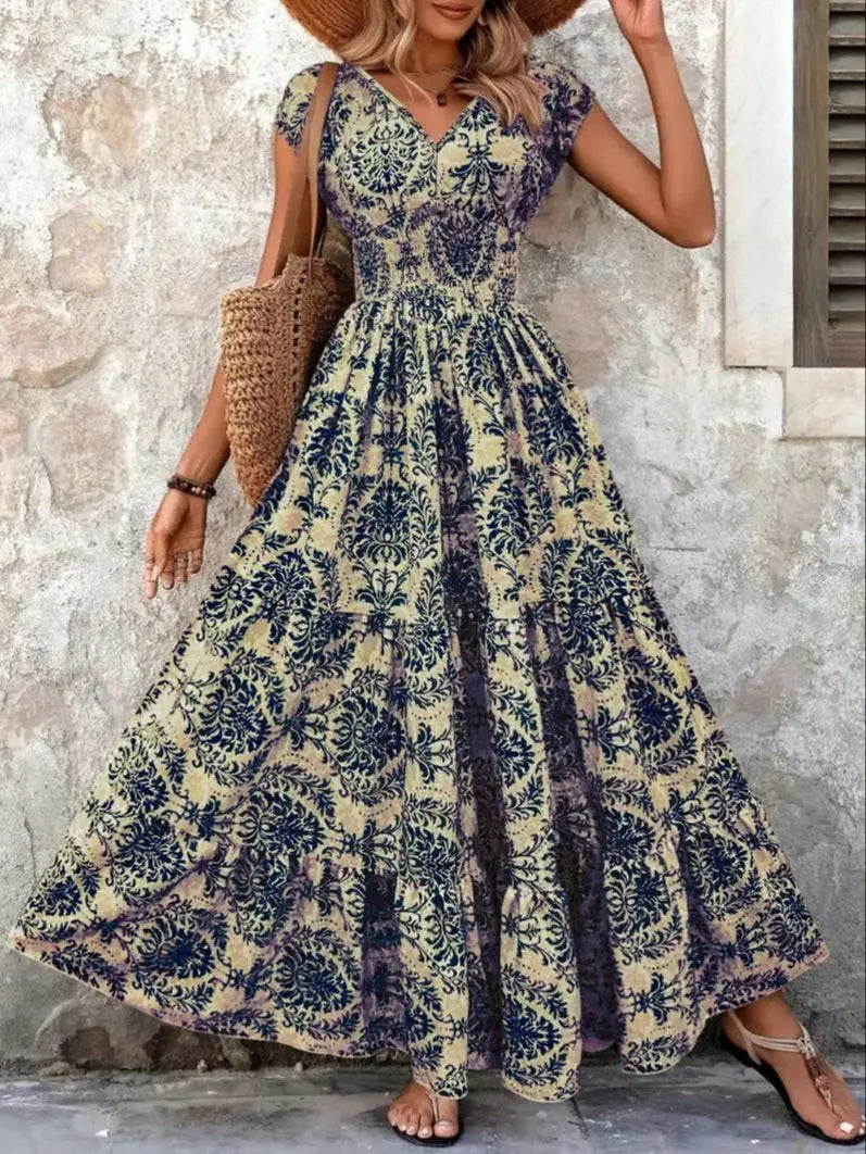 Lorena | Baroque Maxi Dress with V-Neckline
