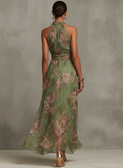 Serena ∙ Green Floral Chiffon Maxi Dress with Halter Neckline