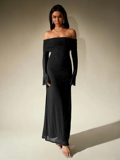 ANDREA™ - Women's Off-The-Shoulder Ruched Contrast Sequin Bodycon Dress