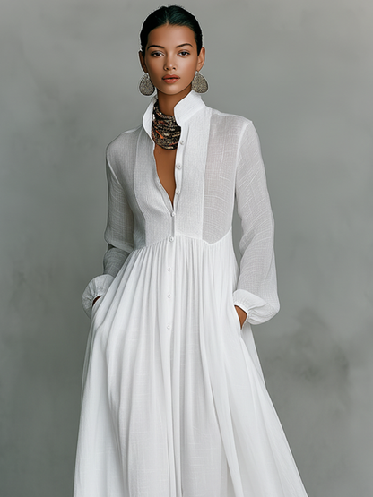 Maxi Minimalist Dress in Cotton & Linen with Patchwork, High Collar and Long Sleeves