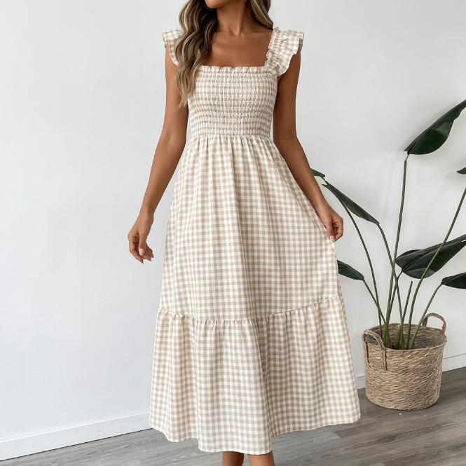 Vera | Checked Maxi Dress with Square Neckline