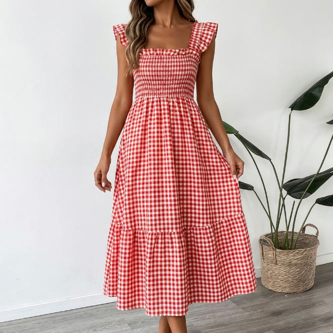 Vera | Checked Maxi Dress with Square Neckline