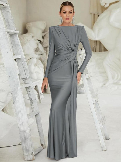 JOSALIE™ - Elegant Ruched Bodycon Dress with Padded Shoulders & Long Sleeve