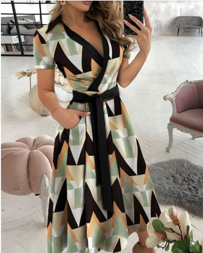 Rita | Geometric Midi Dress with V-Neckline