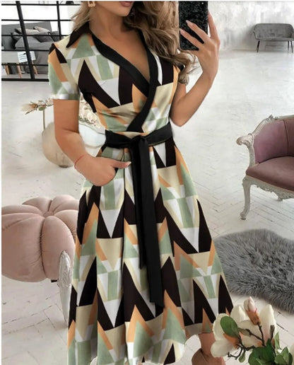 Rita | Geometric Midi Dress with V-Neckline
