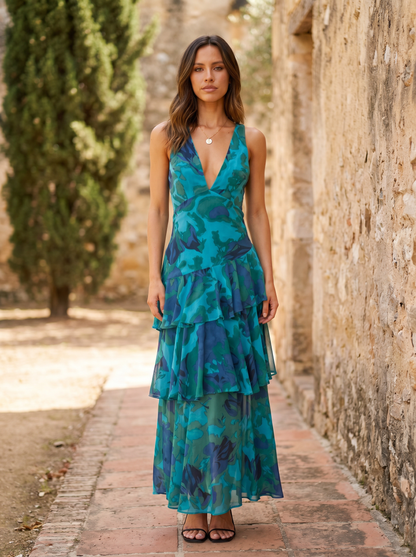 Floral Print Dress with Deep Neckline