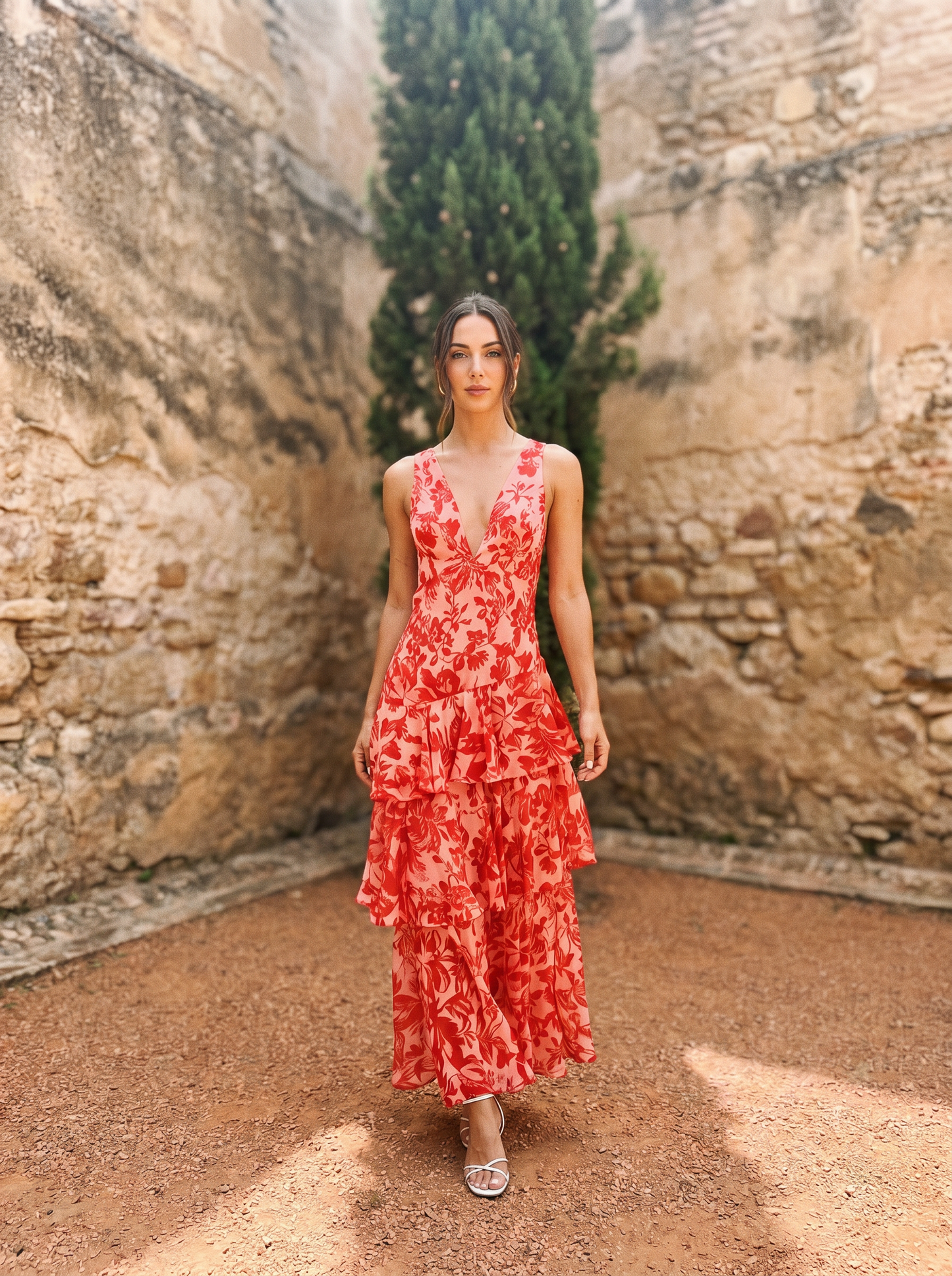 Floral Print Dress with Deep Neckline