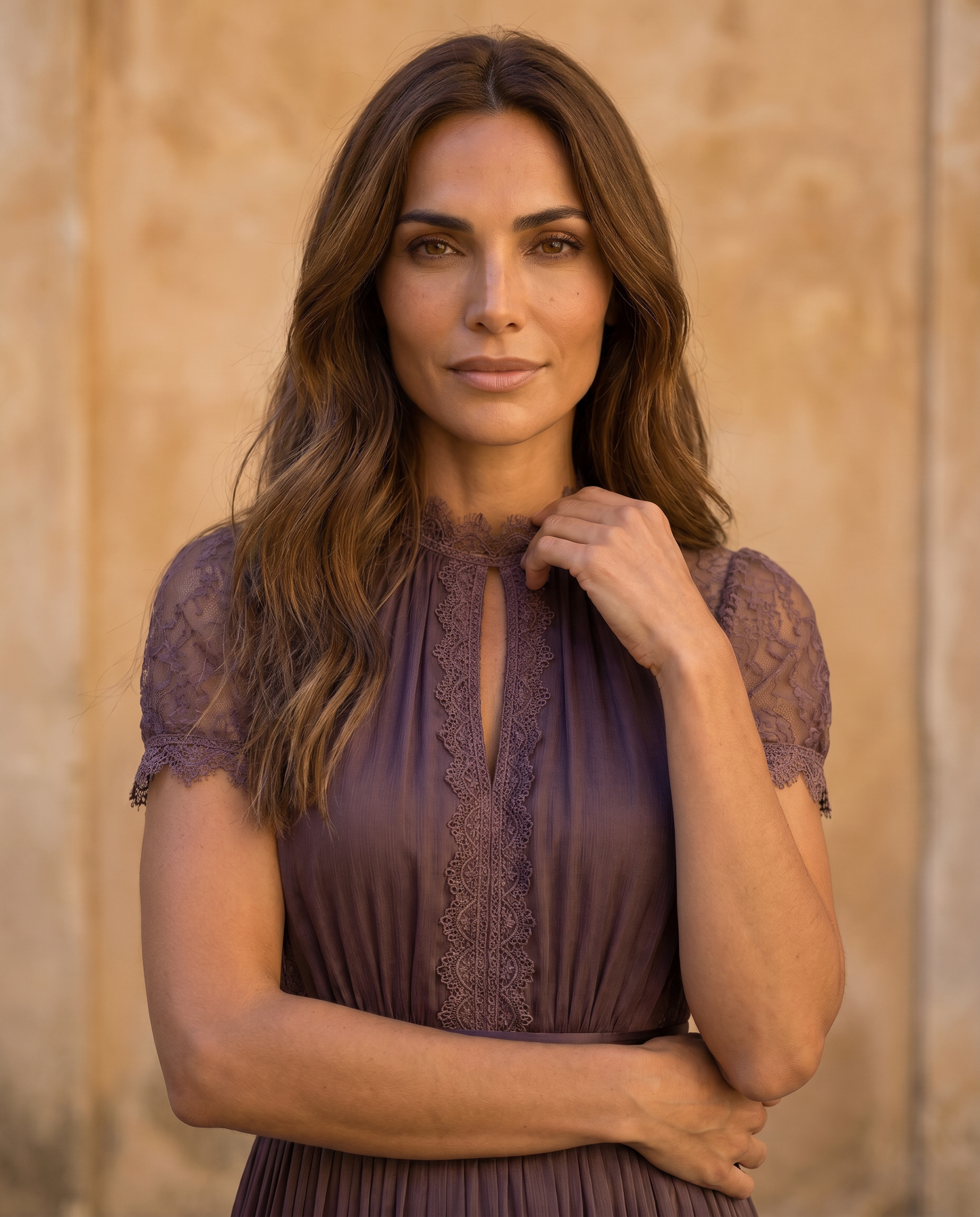 Flavia | Purple Maxi Dress with Keyhole Neckline and Chiffon Lace Trim