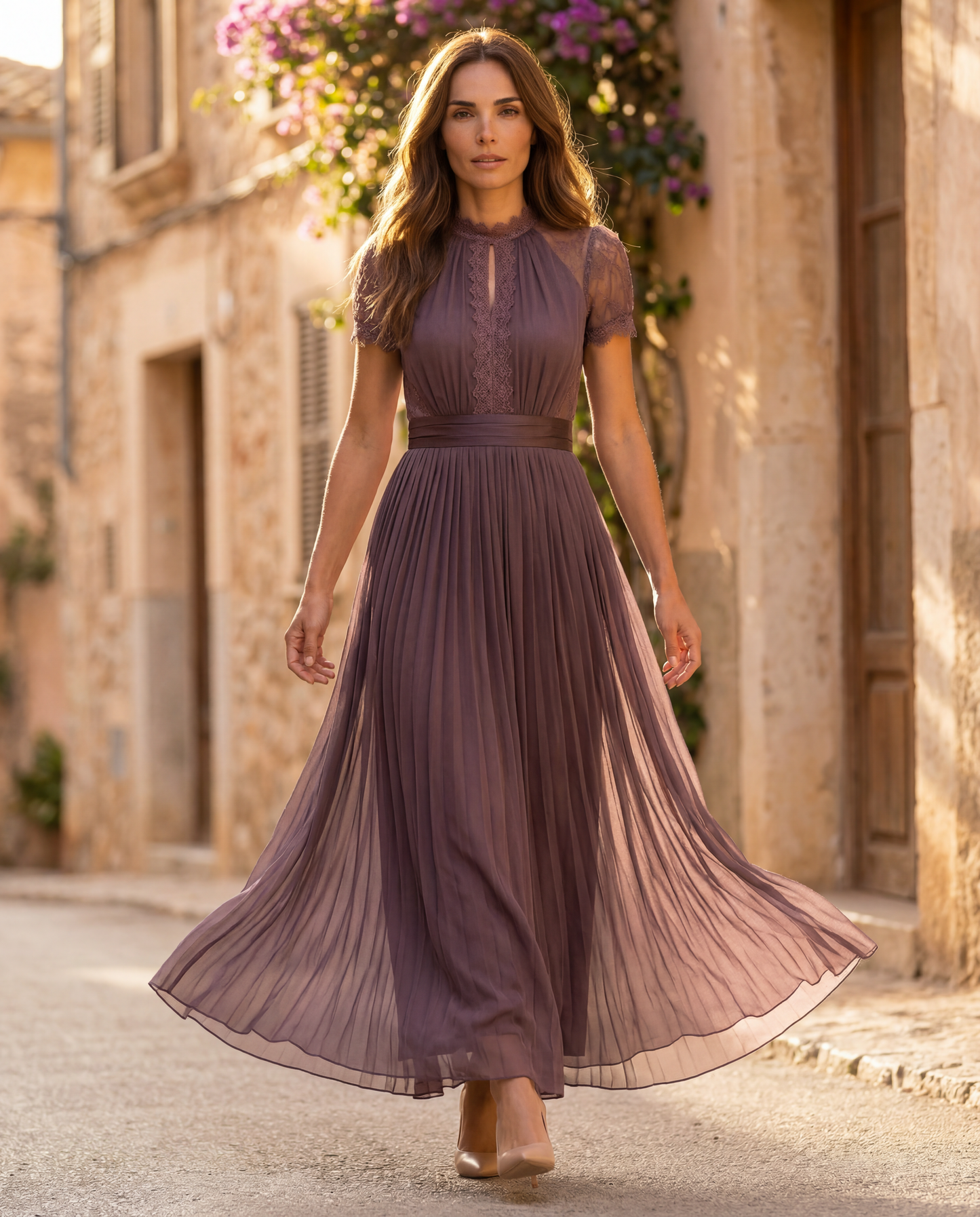Flavia | Purple Maxi Dress with Keyhole Neckline and Chiffon Lace Trim