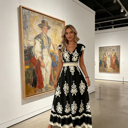 Candela | Baroque Maxi Dress with V-Neckline