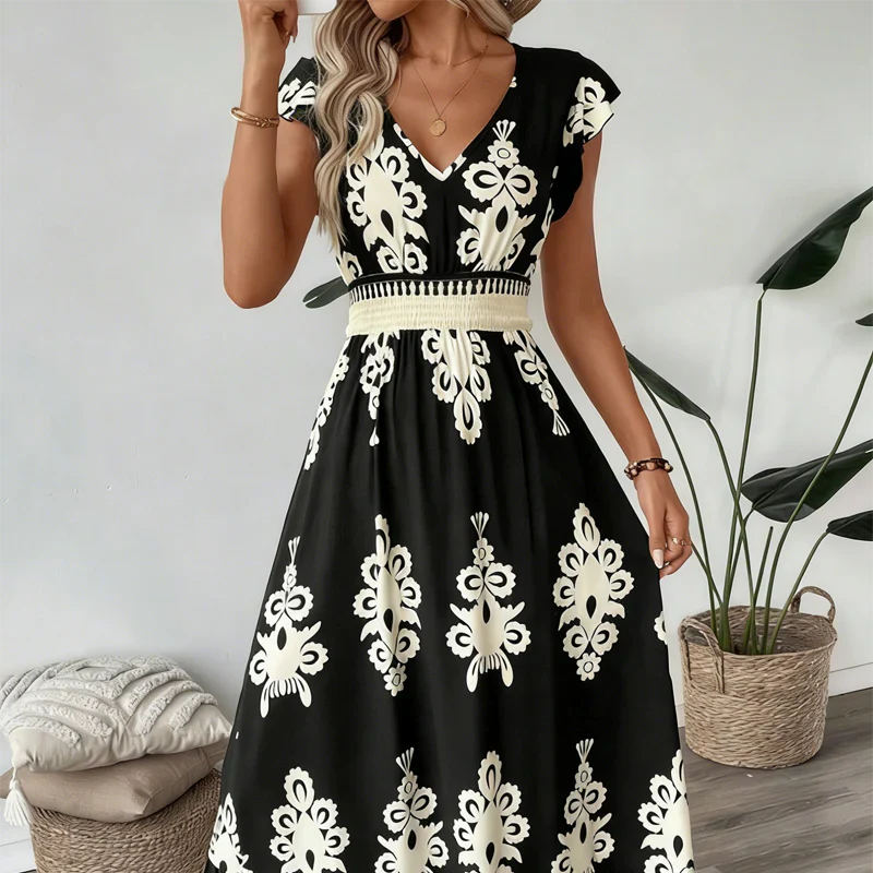 Candela | Baroque Maxi Dress with V-Neckline