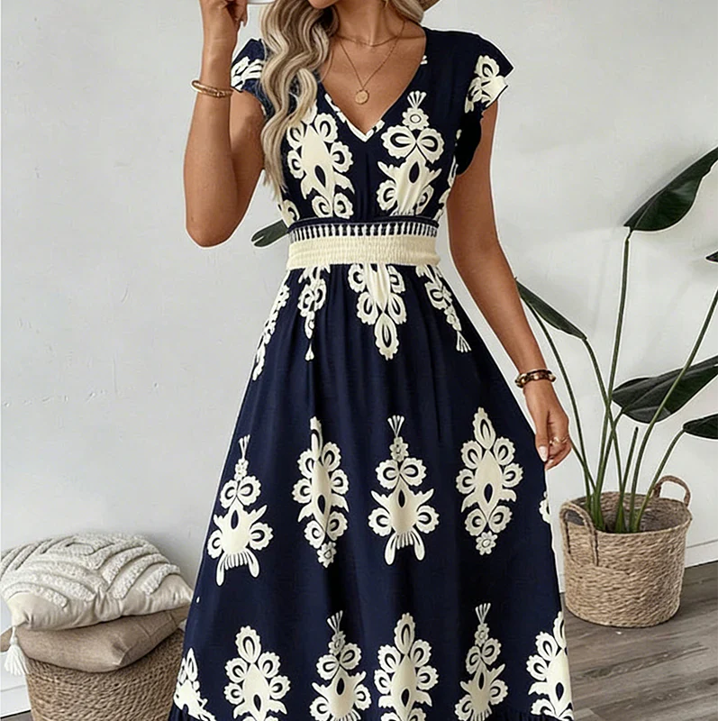Candela | Baroque Maxi Dress with V-Neckline